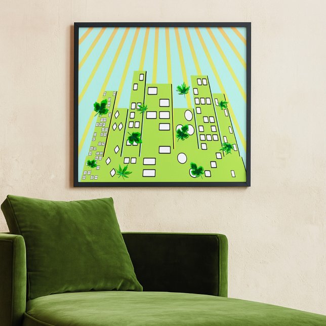 Poster Horizonte da Cidade Ecológica Verde com Folhas Flu (Criador carregado)