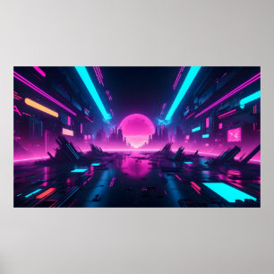 Poster Horizonte da Cidade Synthwave de Néon Futurista Va