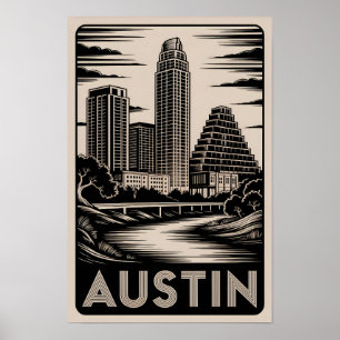 Poster Horizonte de Austin Texas Preto Branco Xilogravura