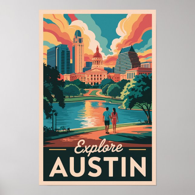 Poster Horizonte de Austin Texas Viagem Arte Vintage (Frente)