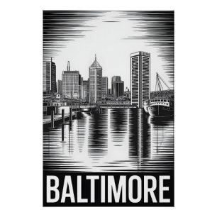 Póster Horizonte de Baltimore Maryland Preto Branco Xilog