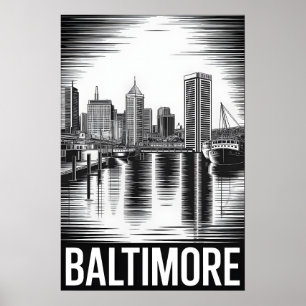 Poster Horizonte de Baltimore Maryland Preto e Branco Xil
