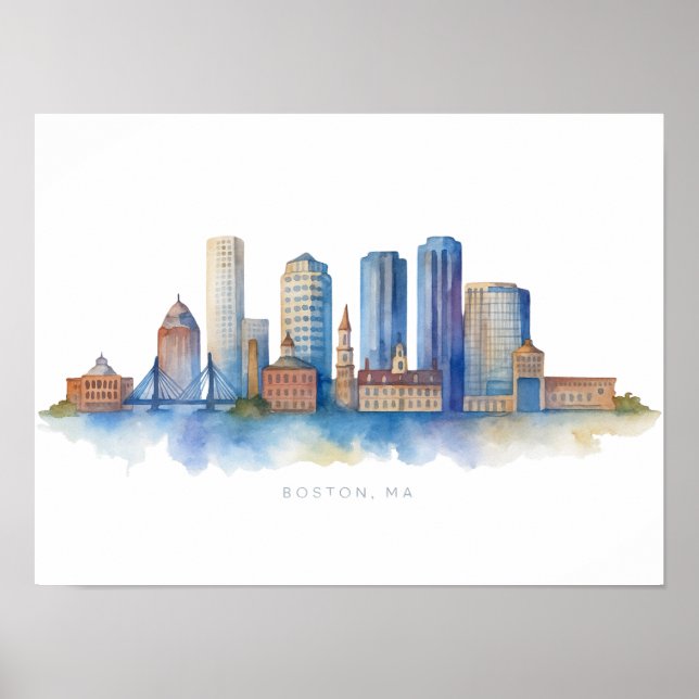 Poster Horizonte de Boston em Aquarela | Moderno Boston M (Frente)