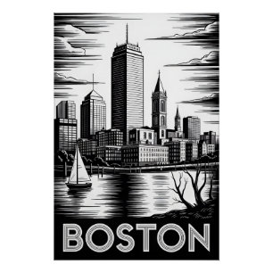 Póster Horizonte de Boston Massachusetts em Preto e Branc