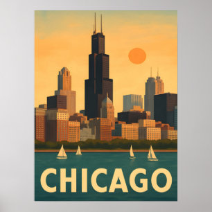 Poster Horizonte de Chicago antigo, veleiro no lago Michi