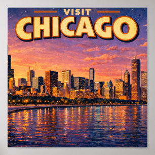 Poster Horizonte de Chicago e Lago Michigan à noite