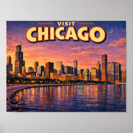 Poster Horizonte de Chicago e Lago Michigan à noite