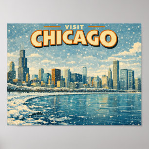 Poster Horizonte de Chicago e Lago Michigan no inverno 