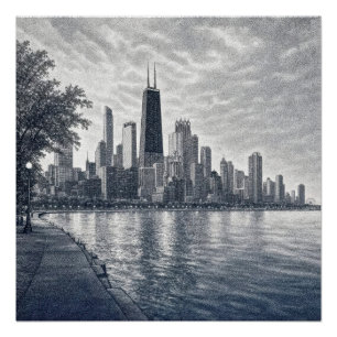 Póster Horizonte de Chicago em Arte Pontilhista