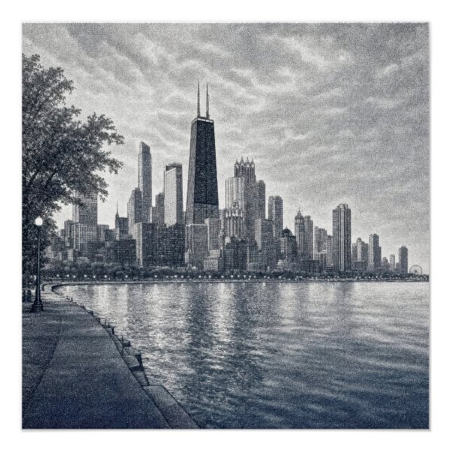 Póster Horizonte de Chicago em Arte Pontilhista (Frente)