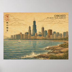 Poster Horizonte de Chicago em Ukiyo-e Japonês
