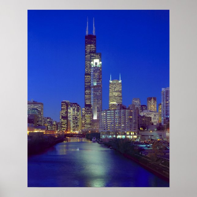 Poster Horizonte de Chicago, Illinois, à noite com Chicag (Frente)