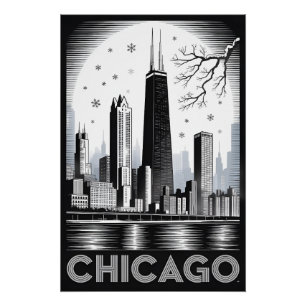 Póster Horizonte de Chicago Illinois Xilogravura Preto Br