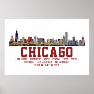 Poster Horizonte de Chicago. Nomes de Áreas e Coordenadas