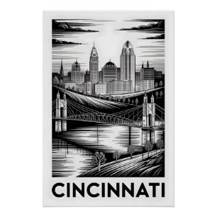 Póster Horizonte de Cincinnati Ohio Preto e Branco Xilogr