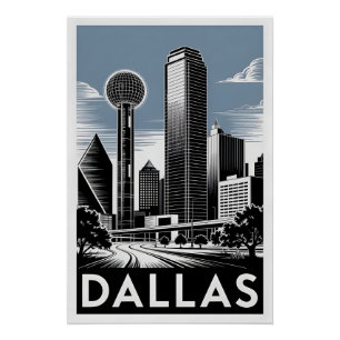 Póster Horizonte de Dallas Texas Preto Branco Xilogravura