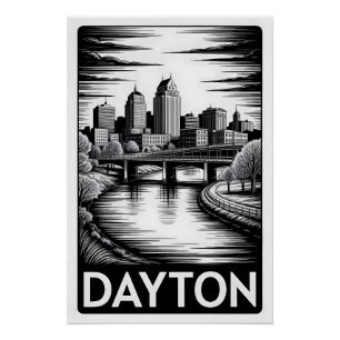 Póster Horizonte de Dayton Ohio Preto Branco Xilogravura