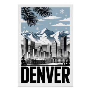 Póster Horizonte de Denver Colorado Xilogravura Preto e B