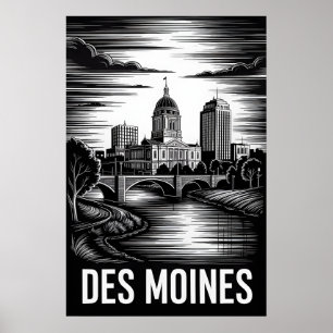 Poster Horizonte de Des Moines Iowa Preto e Branco Xilogr