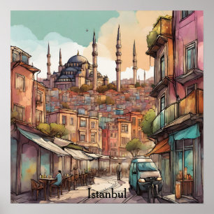 Poster Horizonte de Istambul Colorido em Aquarela