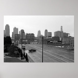 Póster Horizonte de Kansas City Downtown–Foto Preto e Bra