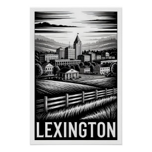 Póster Horizonte de Lexington Kentucky Preto Branco Xilog
