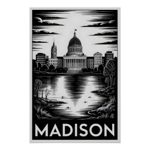 Póster Horizonte de Madison Wisconsin em Xilogravura Pret