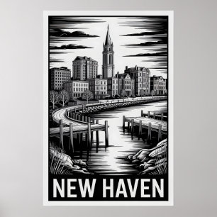 Poster Horizonte de New Haven Connecticut Preto e Branco