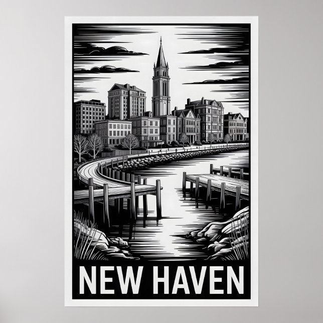 Poster Horizonte de New Haven Connecticut Preto e Branco  (Frente)