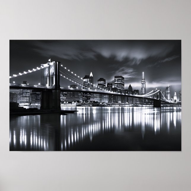 Poster Horizonte de Nova York Ponte do Brooklyn Monocromá (Frente)
