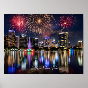 Poster Horizonte de Orlando Flórida com Fogos de Artifíci