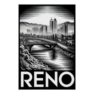 Póster Horizonte de Reno Nevada Preto Branco Xilogravura