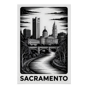 Póster Horizonte de Sacramento Califórnia Xilogravura Pre