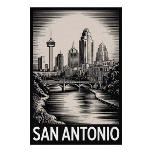 Póster Horizonte de San Antonio Texas Preto e Branco Xilo