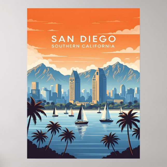 Poster Horizonte de San Diego antigo com veleiros (Frente)