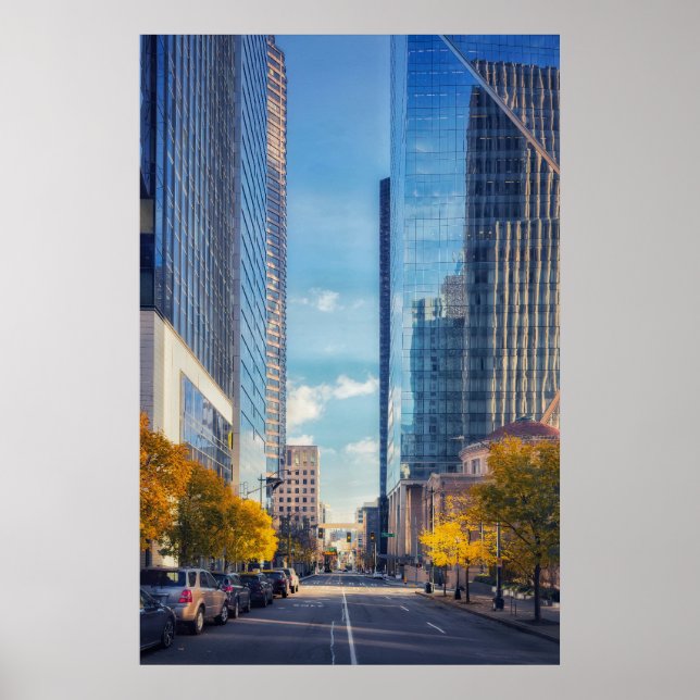 Poster Horizonte de Seattle Downtown com árvores de outon (Frente)