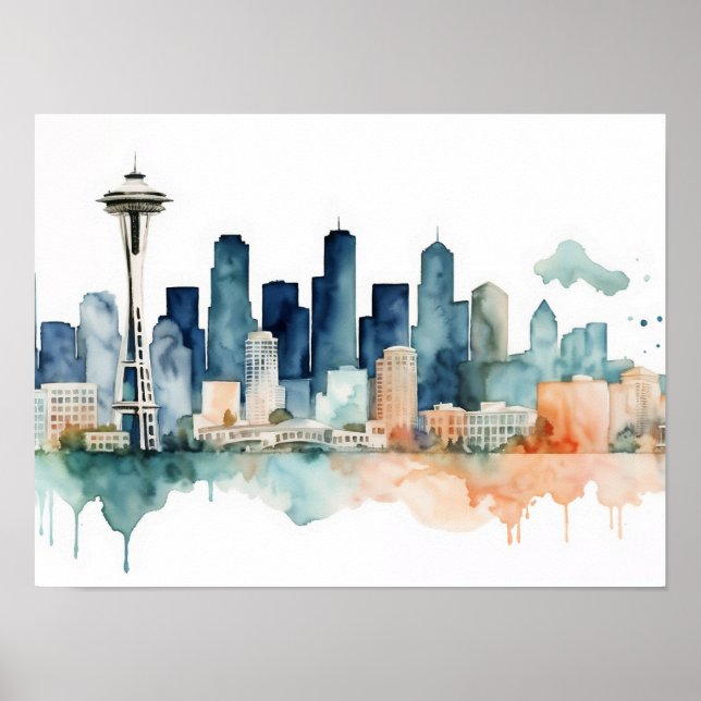 Poster Horizonte de Seattle em tons de aquarela (Frente)