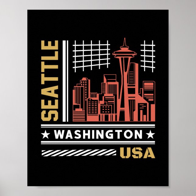Poster Horizonte de Seattle Washington Design Urbano Retr (Frente)