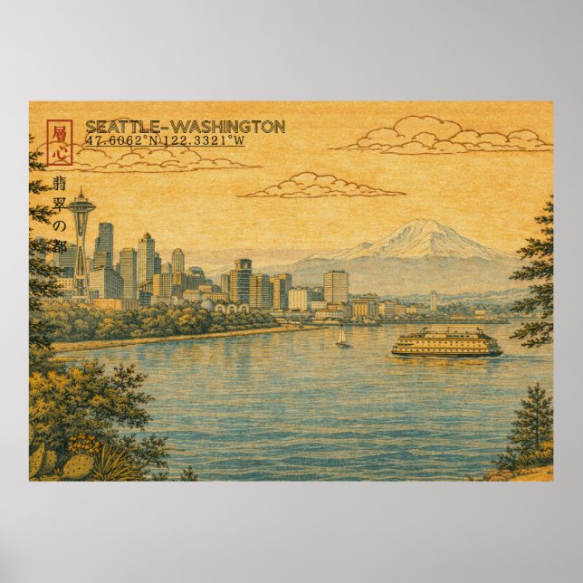 Poster Horizonte de Seattle Washington em Ukiyo-e japonês (Frente)