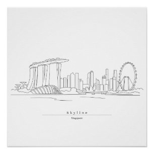 Póster Horizonte de Singapura Minimalista Arte de Linha  