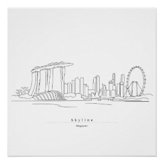 Póster Horizonte de Singapura Minimalista Arte de Linha |