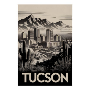 Póster Horizonte de Tucson Arizona Preto e Branco Xilogra