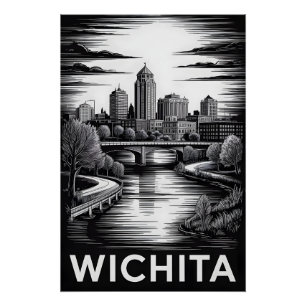 Póster Horizonte de Wichita Kansas Preto e Branco Xilogra