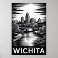 Horizonte de Wichita Kansas Preto e Branco Xilogra