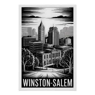 Póster Horizonte de Winston-Salem NC Preto Branco Xilogra