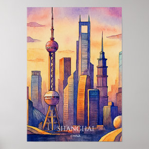 Poster Horizonte de Xangai, China Viagem Aquarela