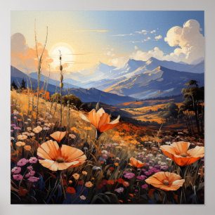 Poster Horizonte ouro, Campo de Flores Selvagem e Montanh