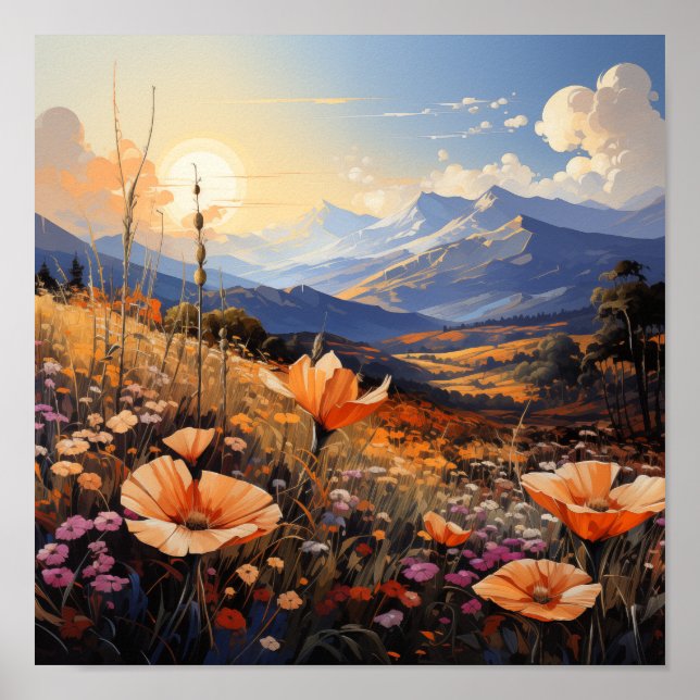 Poster Horizonte ouro, Campo de Flores Selvagem e Montanh (Frente)