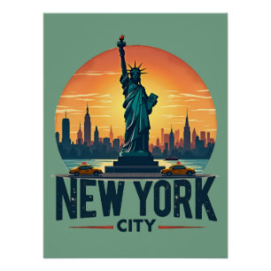 Póster Horizonte Retro da Cidade de Nova York com Estátua