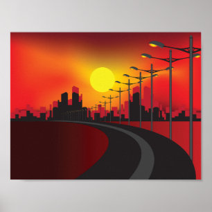 Poster Horizonte Urbano da Rodovia ao Pôr do Sol